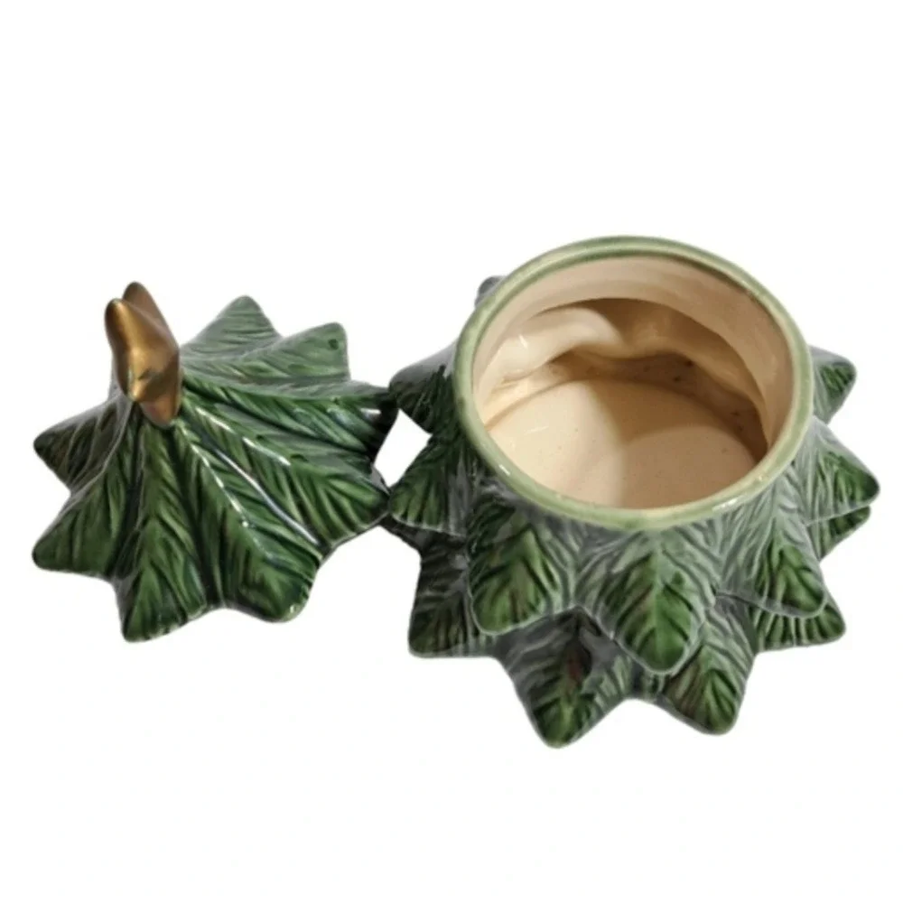 Vintage Ceramic Christmas Tree 4pc Set Green Leaf Pattern Napkin Holder Salt